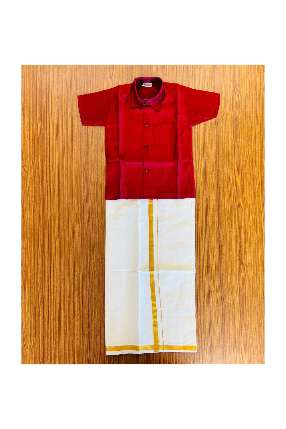 10% DISCOUNT !!! Yuvraj-Traditional South Indian Kids Shirt & Dhoti- Maroon Shirt Off white Kasavu Dhoti Age 2 - 2KK93YUV2.