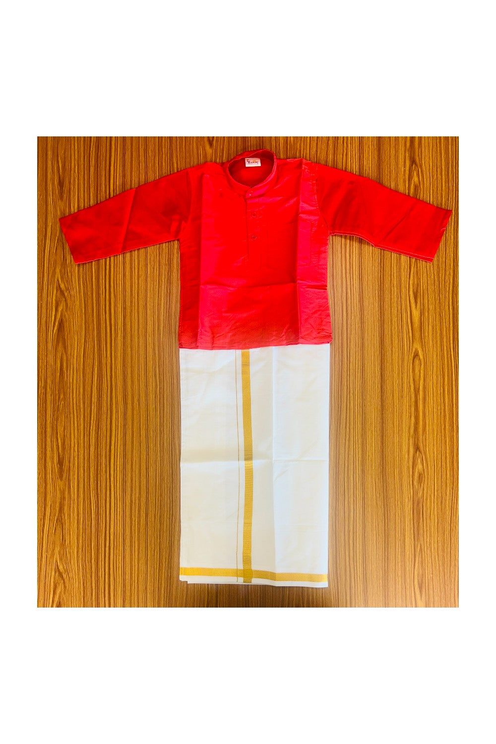 10% DISCOUNT !!! Yuvraj-Traditional South Indian Kids Silk Kurta & Dhoti- RED  Kurta Off white Kasavu Dhoti Age 2- 2KK95YUV2.