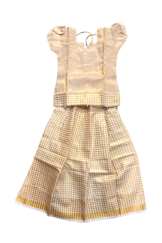 Midukki-Traditional South Indian Kids Pattu Pavada- Golden tissue top offwhite check skirt - Age 8 - KK8MID002