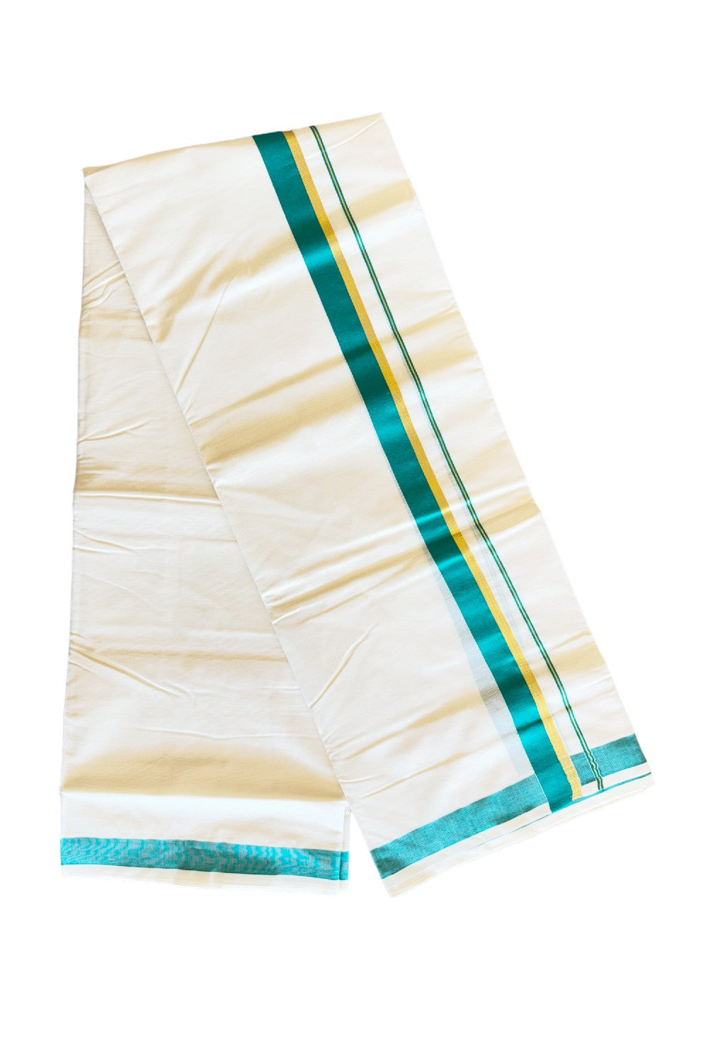 10% Discount! KaithariKada Balaramapuram 100% Cotton Off White Double Mundu/Dhoti-80x72 GREEN & KASAVU - 2KK57VIN