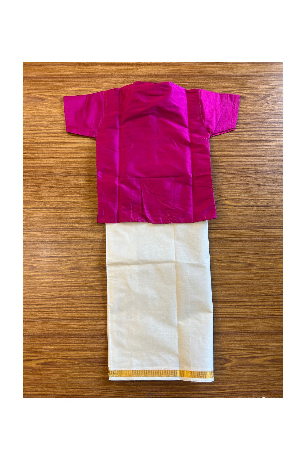 10% DISCOUNT !!! Yuvraj-Traditional South Indian Kids Silk Shirt & Dhoti- Dark pink Shirt Off white Kasavu Dhoti Age 3 - 2KK101YUV3.