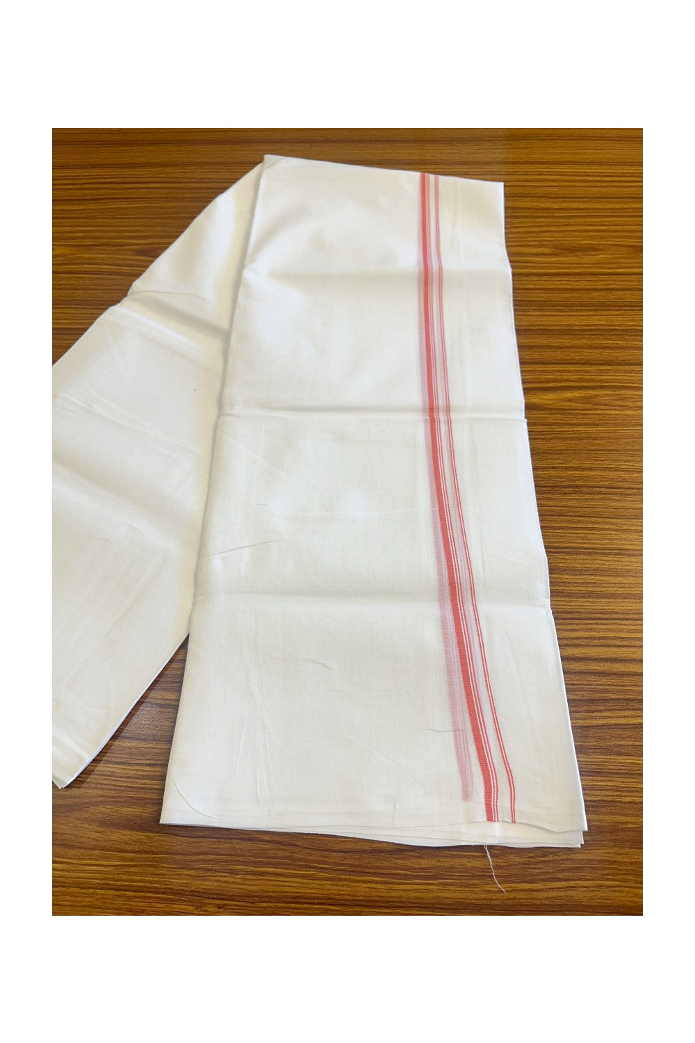 26% DISCOUNT ! KaithariKada Balaramapuram 100% Cotton Double Pure white Mundu/Dhoti-100X100 - Peach & Stripes 2cm Kara.- 2KK406ASH