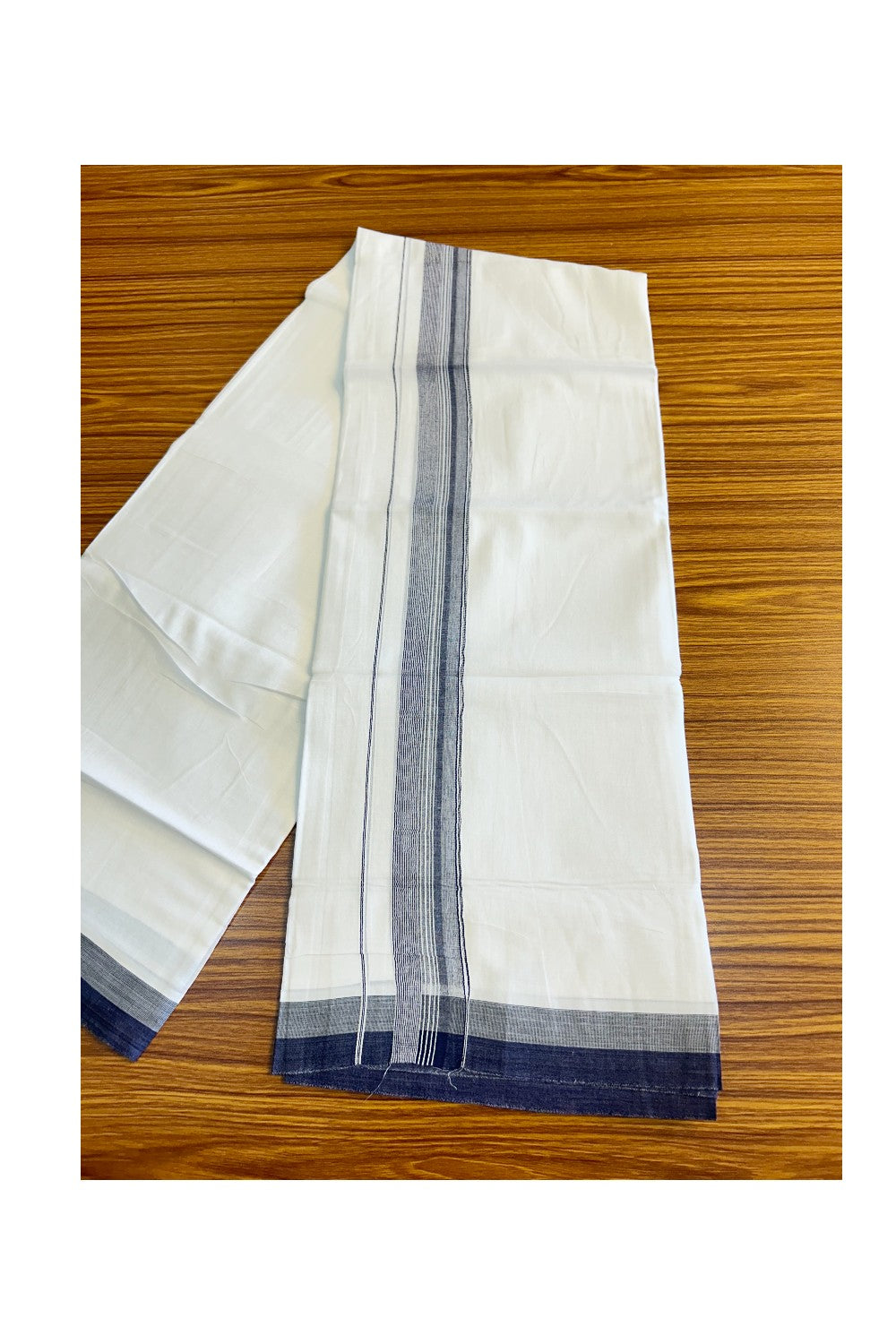 26% DISCOUNT!!! KaithariKada Balaramapuram 100% Cotton PURE white Double Mundu/Dhoti-100x90   2.25 Inch Navy blue & White striped kara  - 2KK407VIN