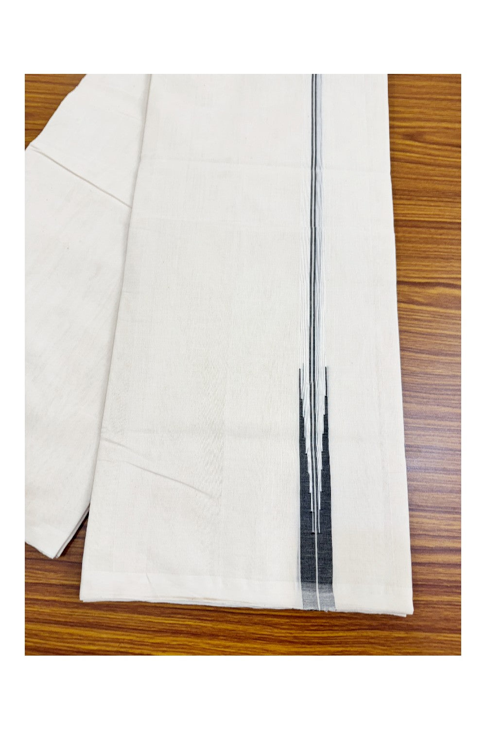 18% DISCOUNT! KaithariKada BALARAMAPURAM HANDLOOM Millpaav- 100% PURE Cotton 100x100 Double Mundu/Dhoti OFF WHITE (Unbleached) - PULIYILAKKARA Black 2 line Chutty KARA-2KK40RAM