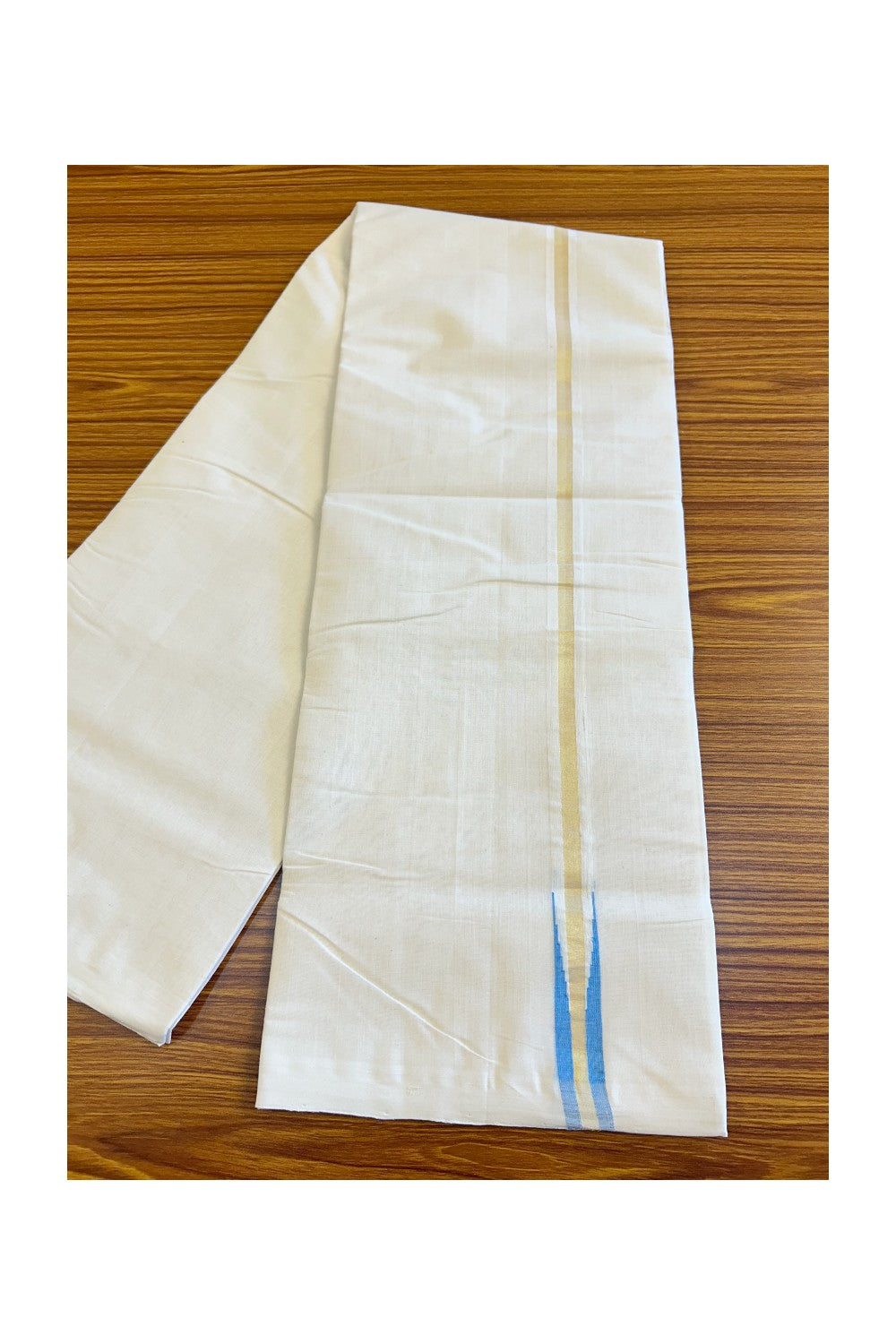 21% DISCOUNT!! KaithariKada HANDLOOM Millpaav Balaramapuram - 100% PURE Cotton OFF White- (Unbleached) Double Mundu/Dothi - Puliyilakkara chutty Blue & Kasavu Kara- 2KK410SOM