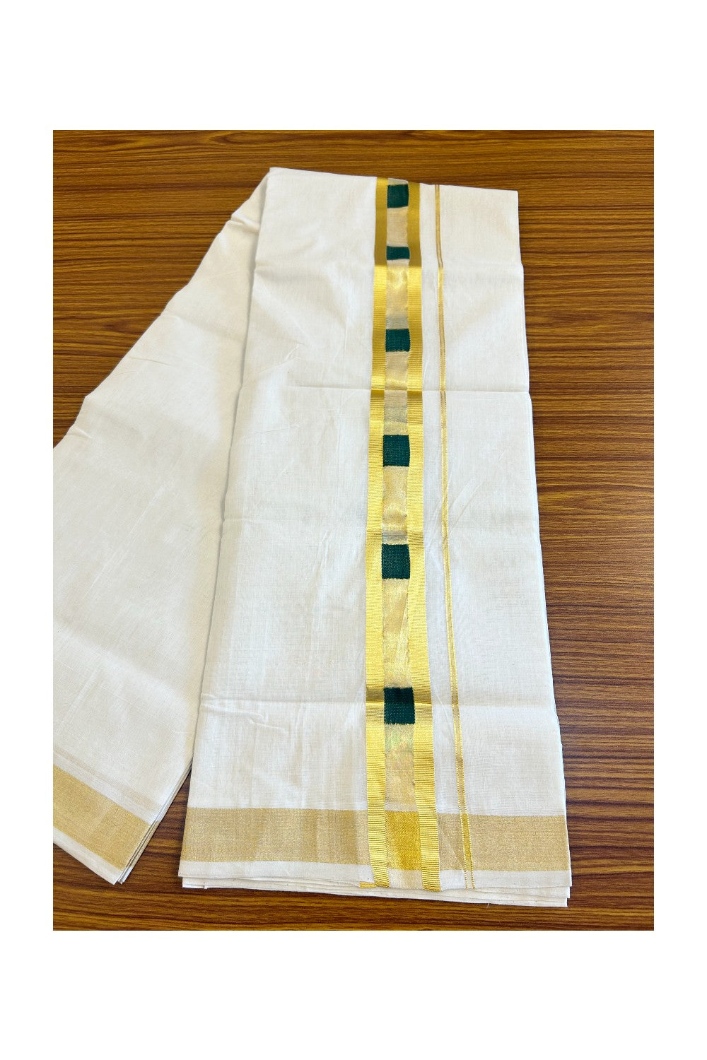 15% Discount!!! KaithariKada HANDLOOM UNAKKUPAAV Balaramapuram - 100% PURE Cotton off white Double Mundu/Dhoti - 2.5 inch Kasavu with centre tissue &  Green sqaure designed kara - 2KK415SOM