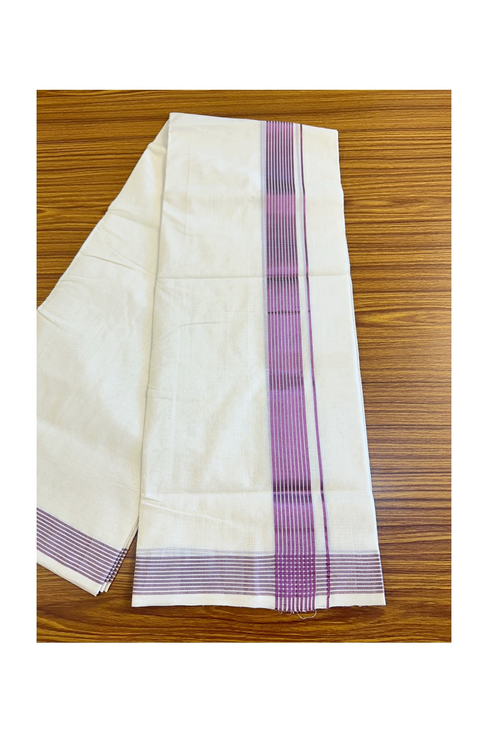 15% Discount!!! KaithariKada HANDLOOM UNAKKUPAAV Balaramapuram - 100% PURE Cotton off white Double Mundu/Dhoti - 2 inch Purple Silver Kasavu Striped Kara - 2KK427UDA