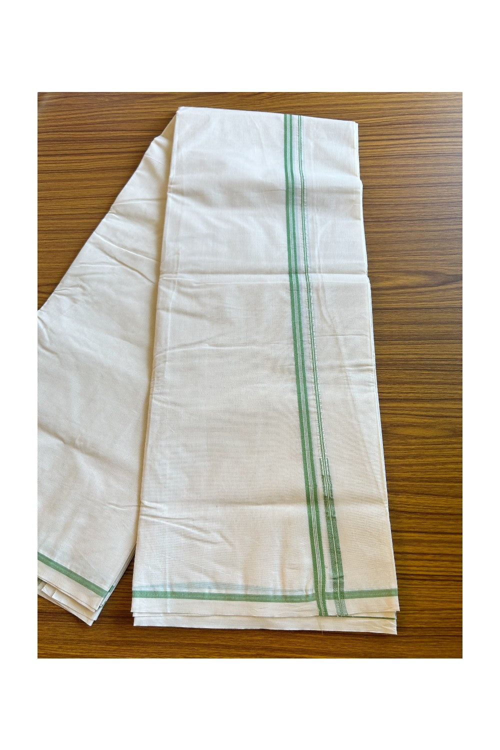 10% DISCOUNT!! KaithariKada Balaramapuram 100% Cotton Off WHITE Double Mundu/Dhoti-100x100  1.cm Puliyilakkara Chutty STRIPED Light Green- 2KK429ASH