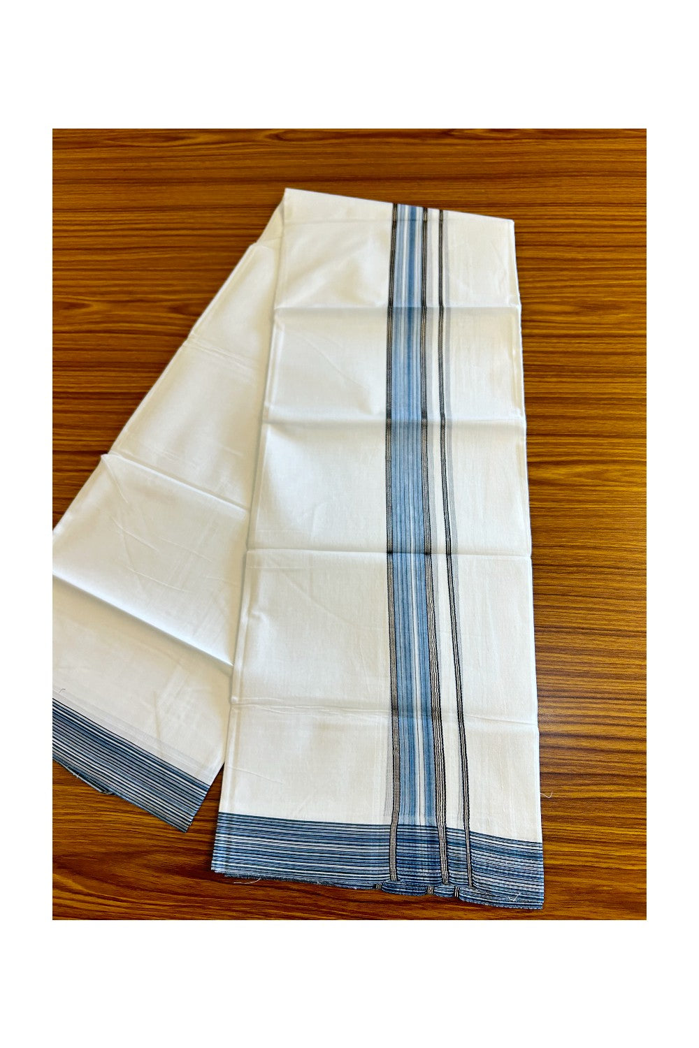 14% DISCOUNT!! Kaitharikada Balaramapuram 100% Cotton Ultra WHITE Double Mundu/Dothi-100x90  2 Inch  Silver kasavu Blue & white shaded kara with black stripes - 2KK430VAS