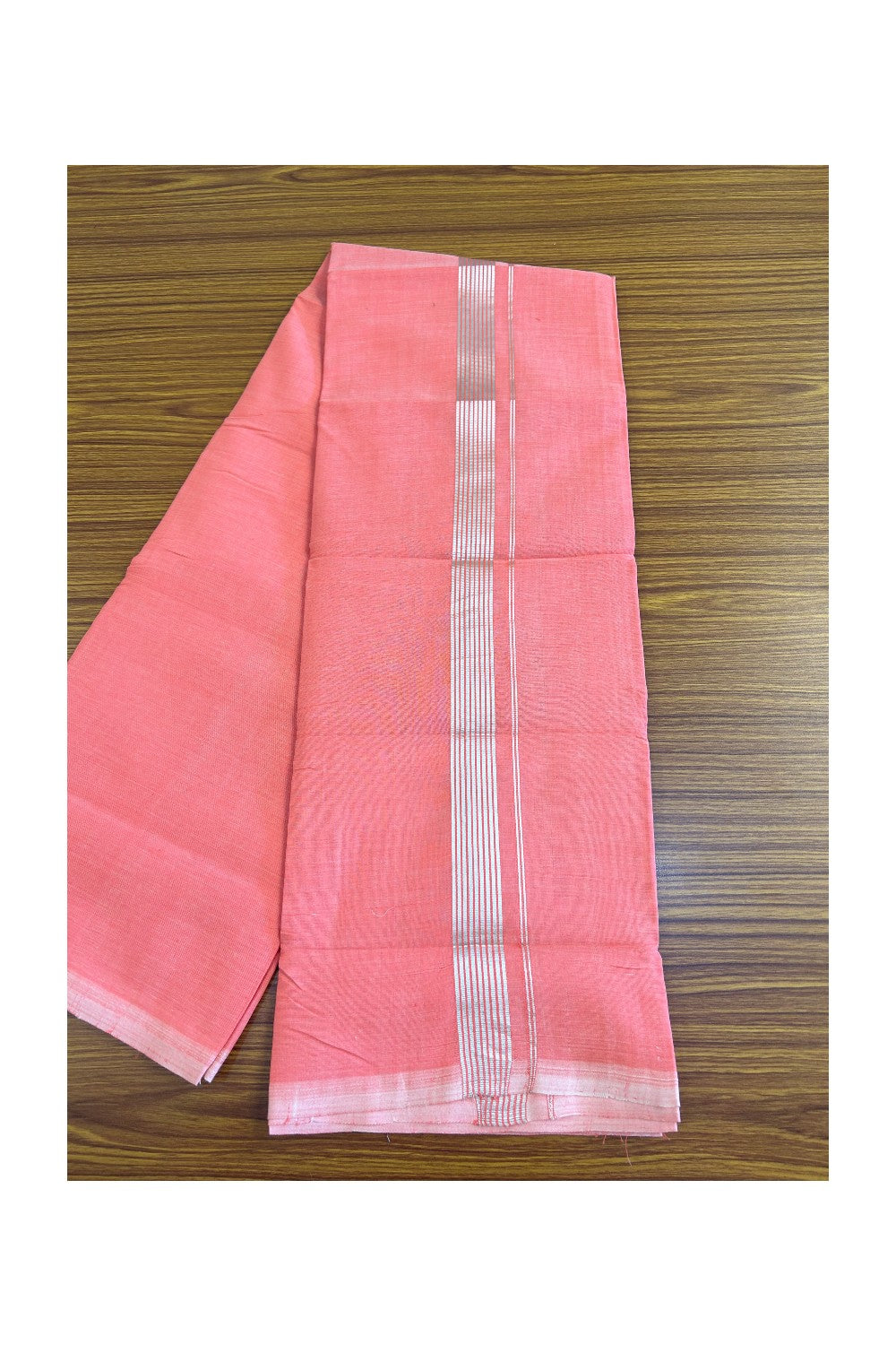 22% Discount! KaithariKada Handloom 100% Cotton Double Mundu/Dhoti - Peach Colour Body & Silver Striped 1.75inch Kara 3.80 mtr - 2KK452SOM