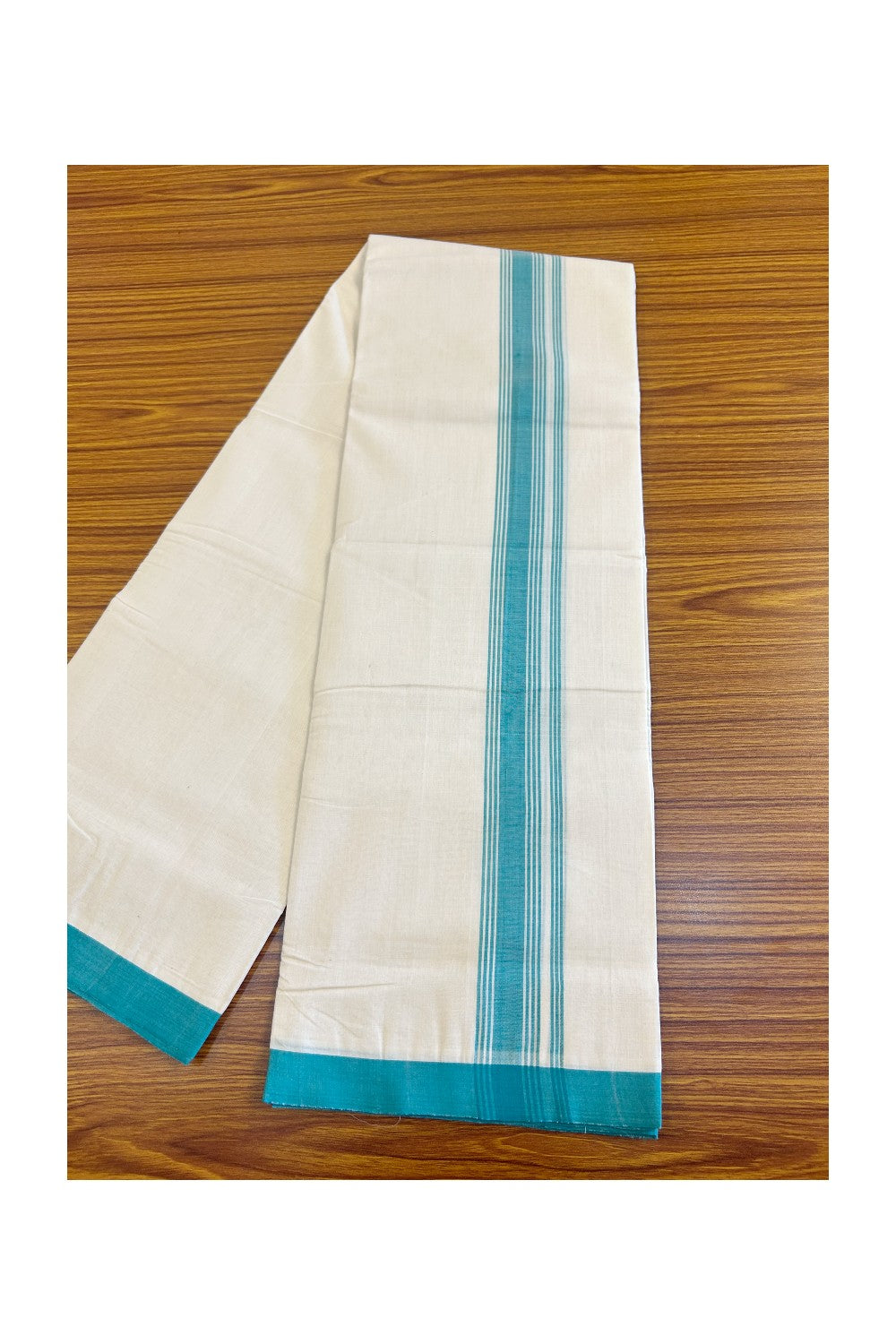 20% DISCOUNT!! KaithariKada HANDLOOM Millpaav Balaramapuram - 100% PURE Cotton OFF White (Unbleached) Double Mundu/Dothi - 2 inch BLUE GREEN striped kara 3.70 meters - 2KK453RAM