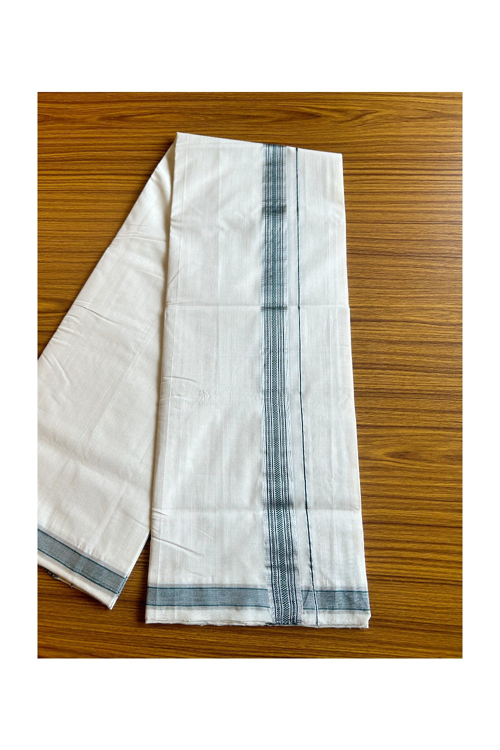 17% DISCOUNT!! KaithariKada HANDLOOM UNAKKUPAAV Balaramapuram - 100% PURE Cotton OFF White Double Mundu/Dothi - 2 inch Silver kasavu Dark green pattern kara - 2KK462RAM