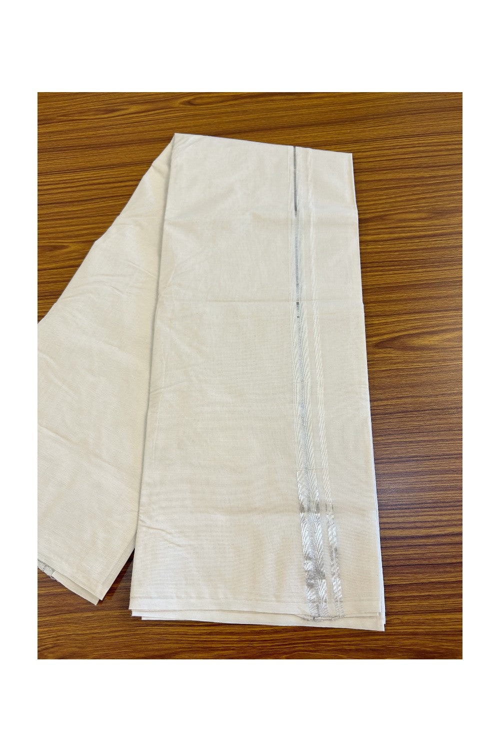 30% OFFER ! KaithariKada Balaramapuram 100% Cotton Double OFF WHITE (Unbleached) - Mundu/Dhoti-100x100 0.75INCH  Puliyilakkara Chutty Silver Kasavu double chutty - 2KK466ASH