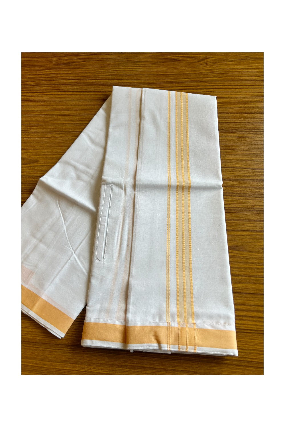 KaithariKada Balaramapuram  COTTON SINGLE PURE WHITE VELCRO Mundu/Dhoti  - 1.75inch Orange kara - 2KK485SRI