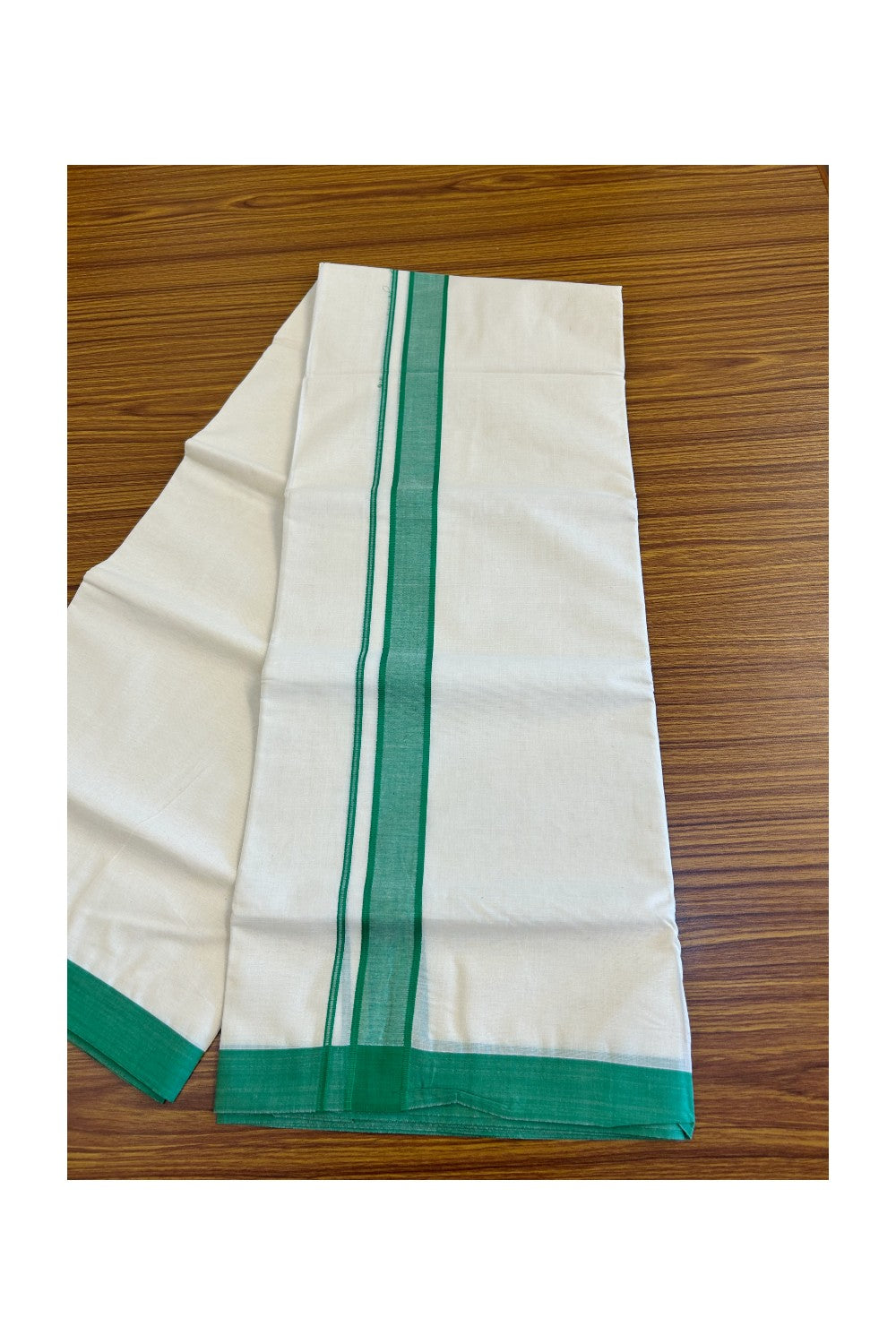 10% Discount KaithariKada Balaramapuram 100% Cotton Double Off white Mundu/Dhoti-100x100 2  inch  Green Kara - 2KK500KK