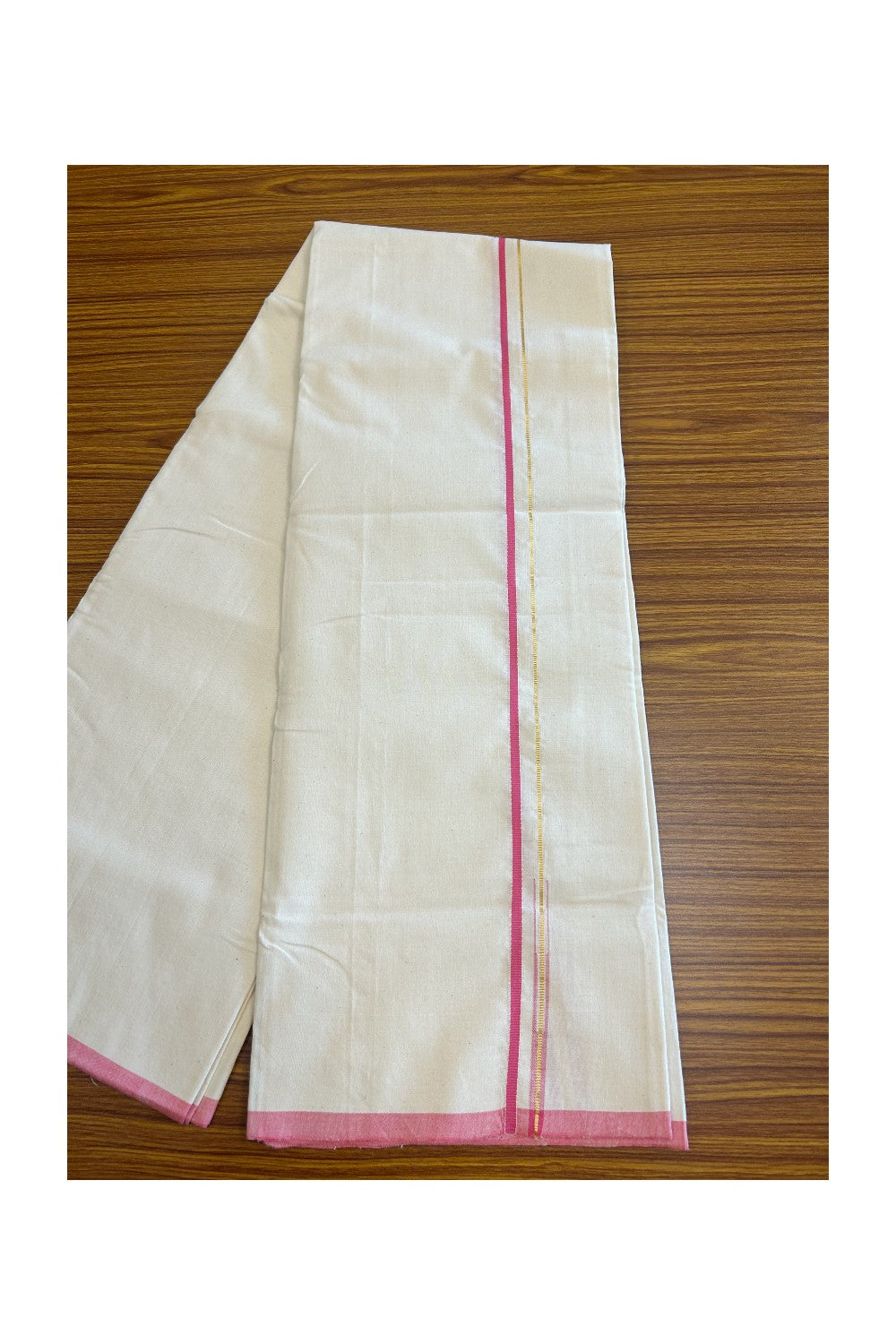 SIGNATURE KAITHARIKADA EXCLUSIVE SINGLE DHOTI - 100% Cotton Balaramapuram HANDLOOM Single Mundu/Dhoti - Off White - (Unbleached) 0.25 Inch Pink & KASAVU Chutty Kara- 2KK5010KAI