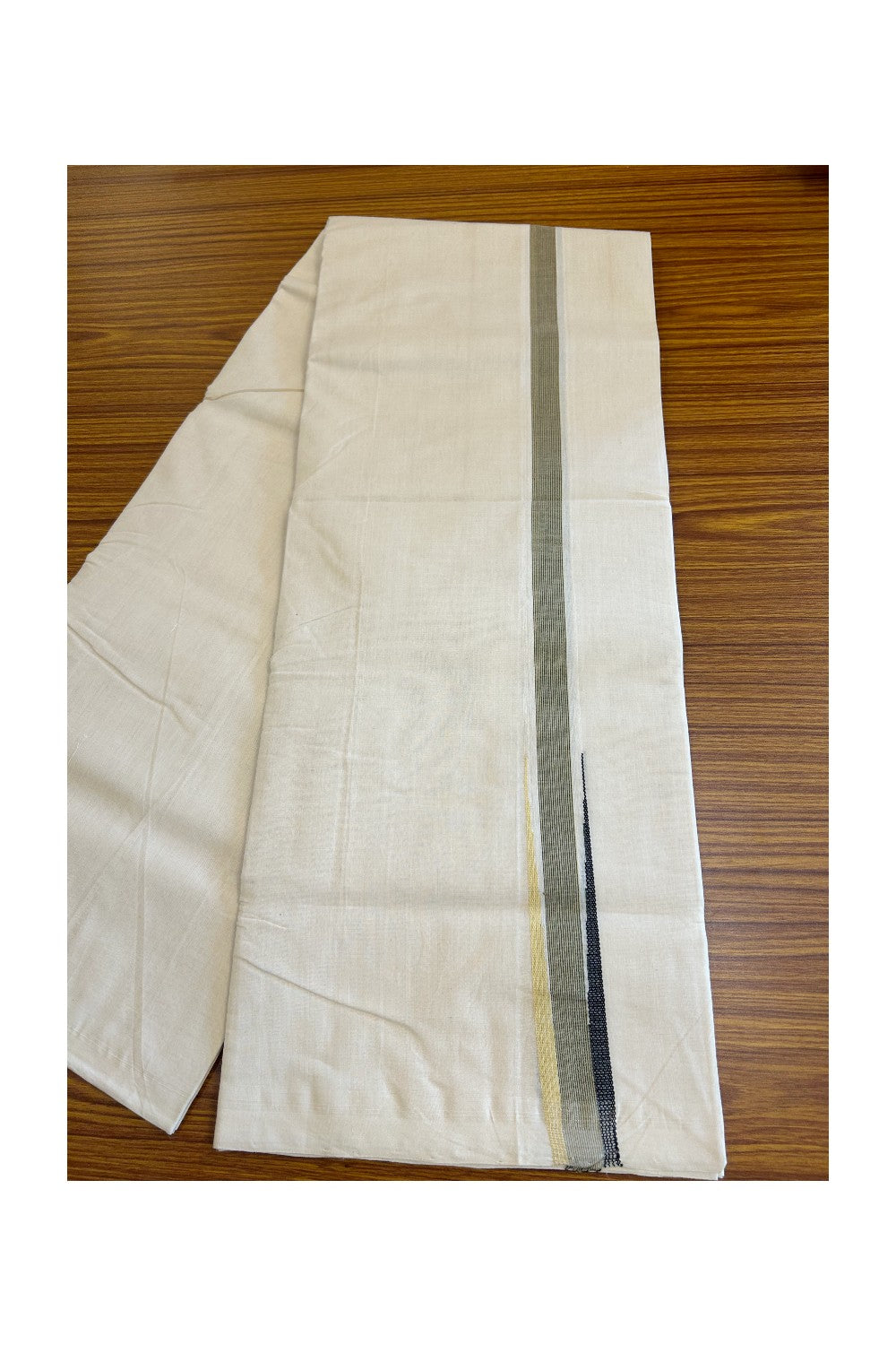 15% DISCOUNT!! KaithariKada HANDLOOM Millpaav Balaramapuram - 100% PURE Cotton OFF White - (Unbleached) Double Mundu/Dothi - Puliyilakkara chutty 1.25 inch Black & Sand brown kara - 2KK5011RAM