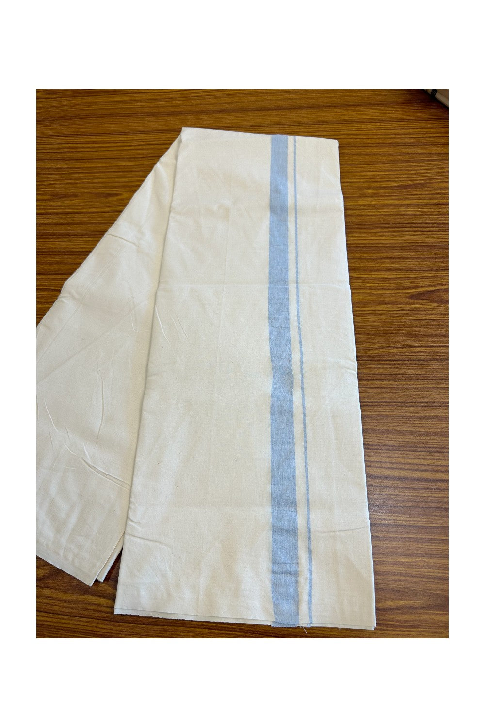 14% DISCOUNT ! KaithariKada Balaramapuram 100% COTTON SINGLE OFF WHITE - (Unbleached) Mundu/Dhoti-Twisted 100s Thread- 1.5 inch Shaded Sky Blue Kara (2 metre / 4 muzham) - 2KK5019ASH