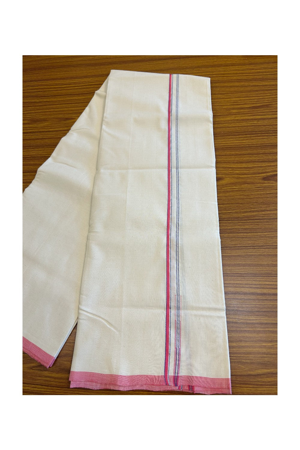 SIGNATURE KAITHARIKADA EXCLUSIVE SINGLE DHOTI - 100% Cotton Balaramapuram HANDLOOM Single Mundu/Dhoti - Off White - (Unbleached) 1cm Pink Blue & Silver KASAVU Chutty Kara (2 metre / 4 muzham)- 2KK5021KAI