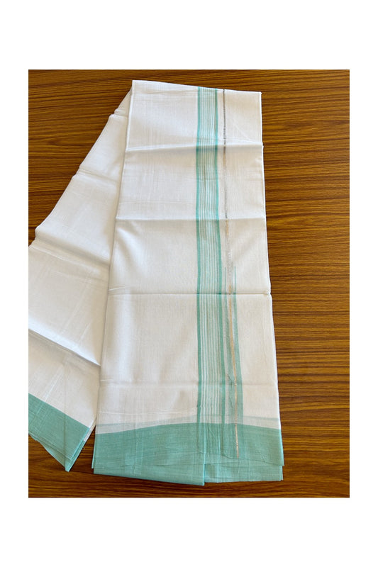 Kaitharikada  Balaramapuram 100% Pure Cotton PURE WHITE Double Mundu/Dothi - 80x92 -1.5 Inch  Aquamarine Green & Silver striped Chutty kara - 2KK5022VAN