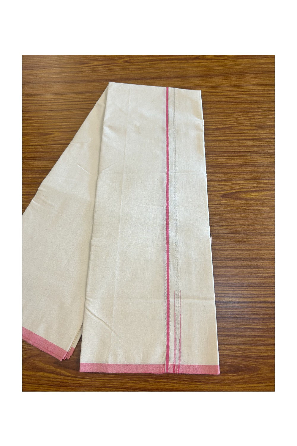 SIGNATURE KAITHARIKADA EXCLUSIVE SINGLE DHOTI - 100% Cotton Balaramapuram HANDLOOM Single Mundu/Dhoti - Off White - (Unbleached) 0.25 Inch PINK & SILVER KASAVU Chutty Kara- 2KK502KK