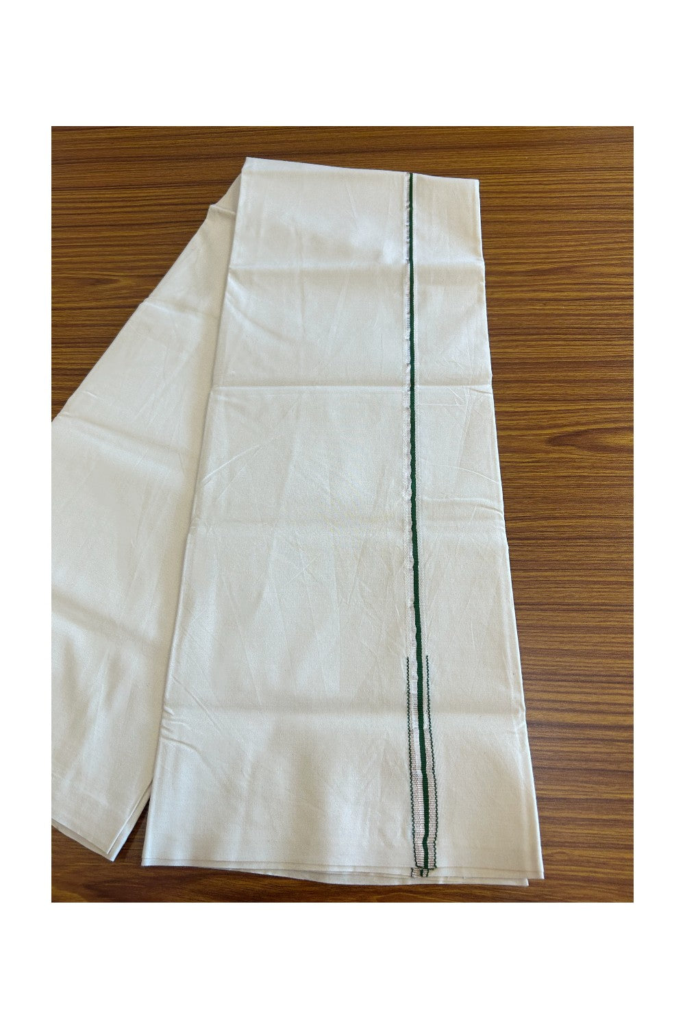 20% Discount!! KaithariKada Balaramapuram 100% COTTON SINGLE OFF WHITE - (Unbleached) Mundu/Dhoti - 100X100 - 0.5 Inch Green & Silver Puliyilakkara Chutty - 2KK5035ASH