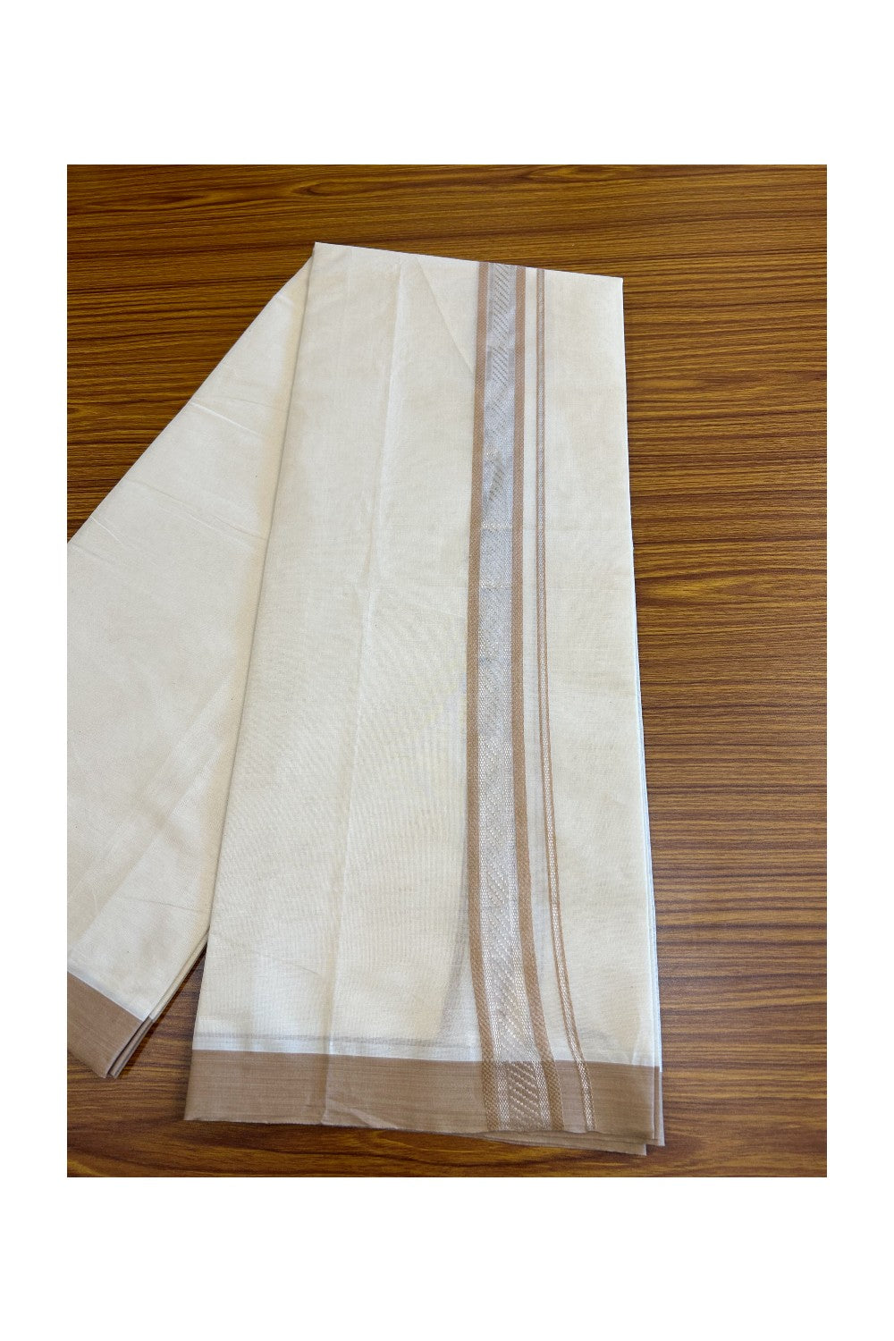 5% Discount!!! KaithariKada Balaramapuram  Double Off white - (Unbleached) Mundu/Dhoti - 80X90 - 2 inch SILVER  KASAVU & Sand brown pattern Kara - 2KK5037KAI