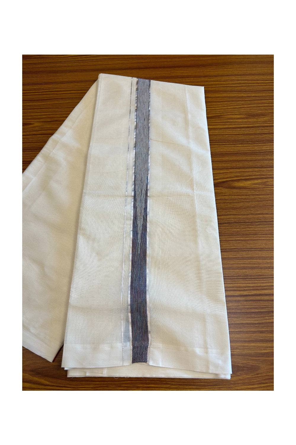 5% Discount!!! KaithariKada Balaramapuram  Double Off white - (Unbleached) Mundu/Dhoti - 80X90 - 1.75 inch Silver kasavu Violet Indigo Shaded heavy chutty - 16KK5037KAI