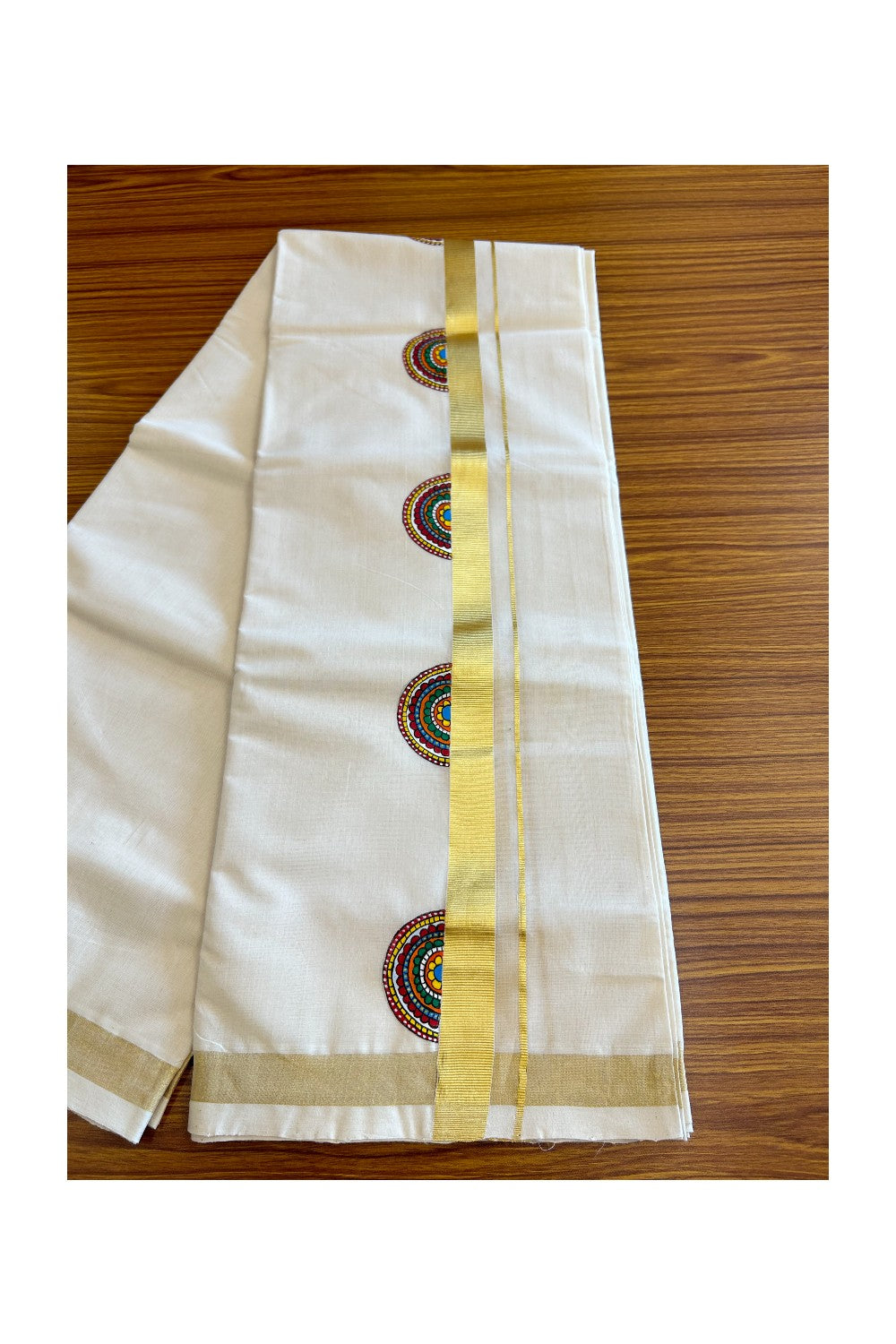 KaithariKada HANDLOOM Millpaav Balaramapuram - 100% PURE Cotton OFF White Double Mundu/Dothi - 1.75 Inch Hand Painted Flower Design & Kasavu Kara - 2KK5038KK