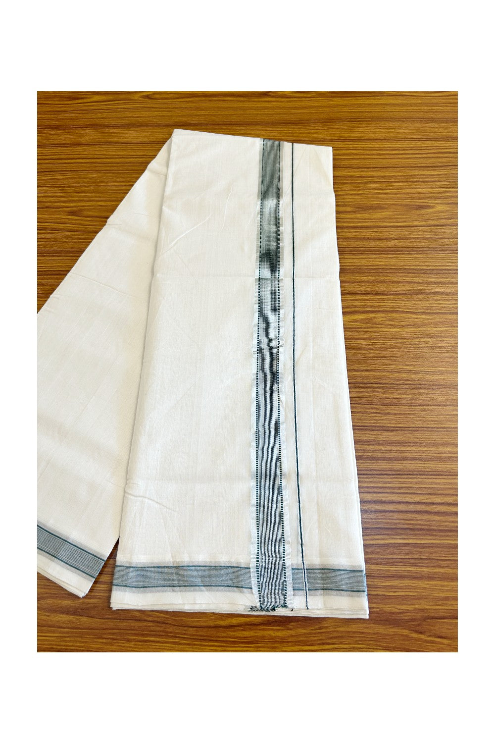 21% DISCOUNT!! KaithariKada HANDLOOM Unakkupaav Balaramapuram - 100% PURE Cotton OFF White Double Mundu/Dothi - 2 inch Green & Silver striped pattern kara - 2KK503RAM