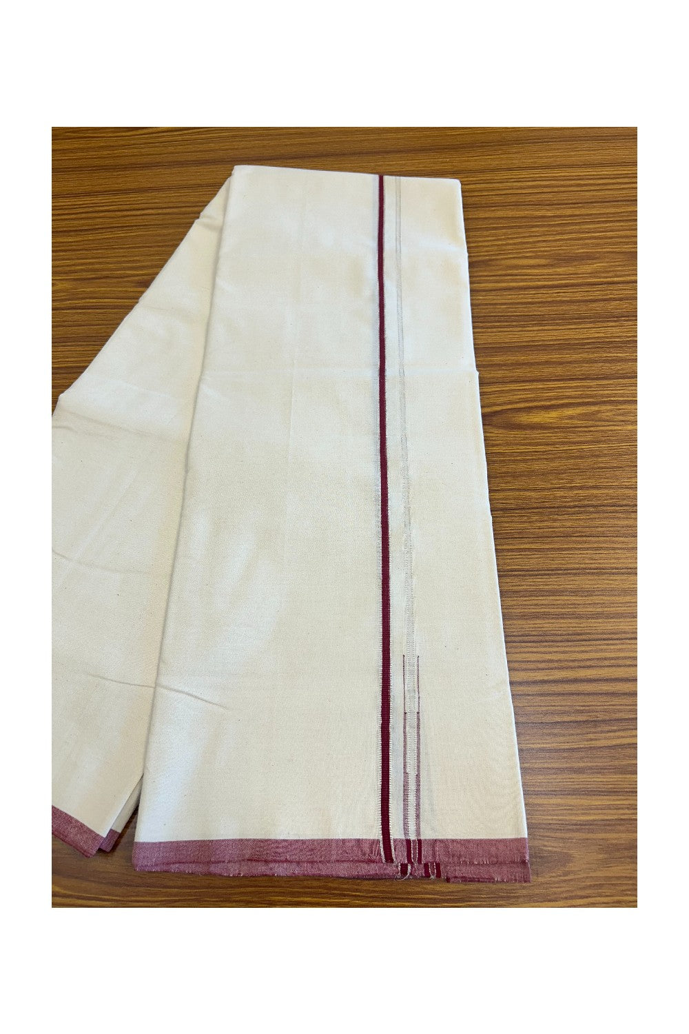 SIGNATURE KAITHARIKADA EXCLUSIVE SINGLE DHOTI - 100% Cotton Balaramapuram HANDLOOM Single Mundu/Dhoti - Off White - (Unbleached) 1 cm Maroon & Silver KASAVU Chutty Kara - 2KK5040KAI