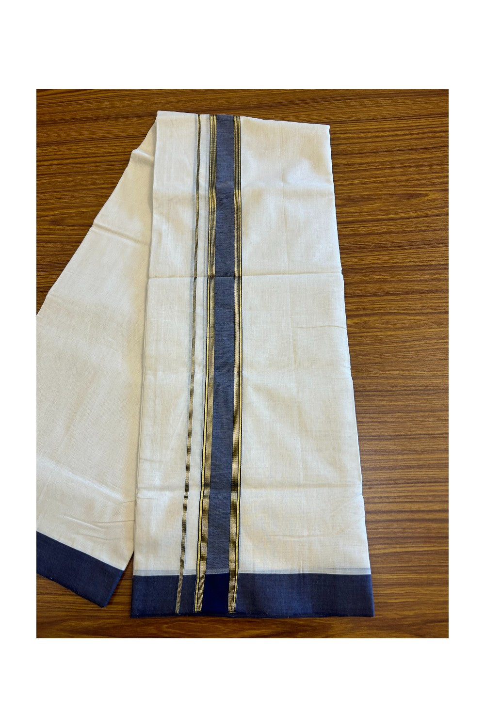 21% Discount KaithariKada HANDLOOM Unakkupaav Balaramapuram - 100% PURE Cotton Off white (Unbleached) Double Mundu/Dhoti - 2.5 inch  Kasavu Stripes & Navy Blue kara-163