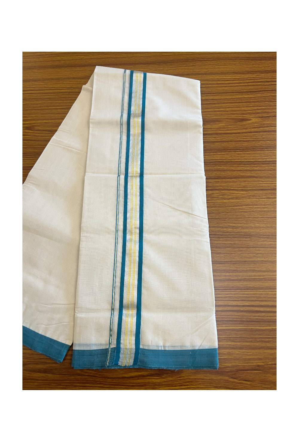 15% DISCOUNT! KaithariKada HANDLOOM Millpaav Balaramapuram - 100% PURE Cotton Off White (Unbleached) - 100x100 Double Mundu/Dhoti - 2 inch Gold & Silver Kasavu Peacock green Stripes Kara-81