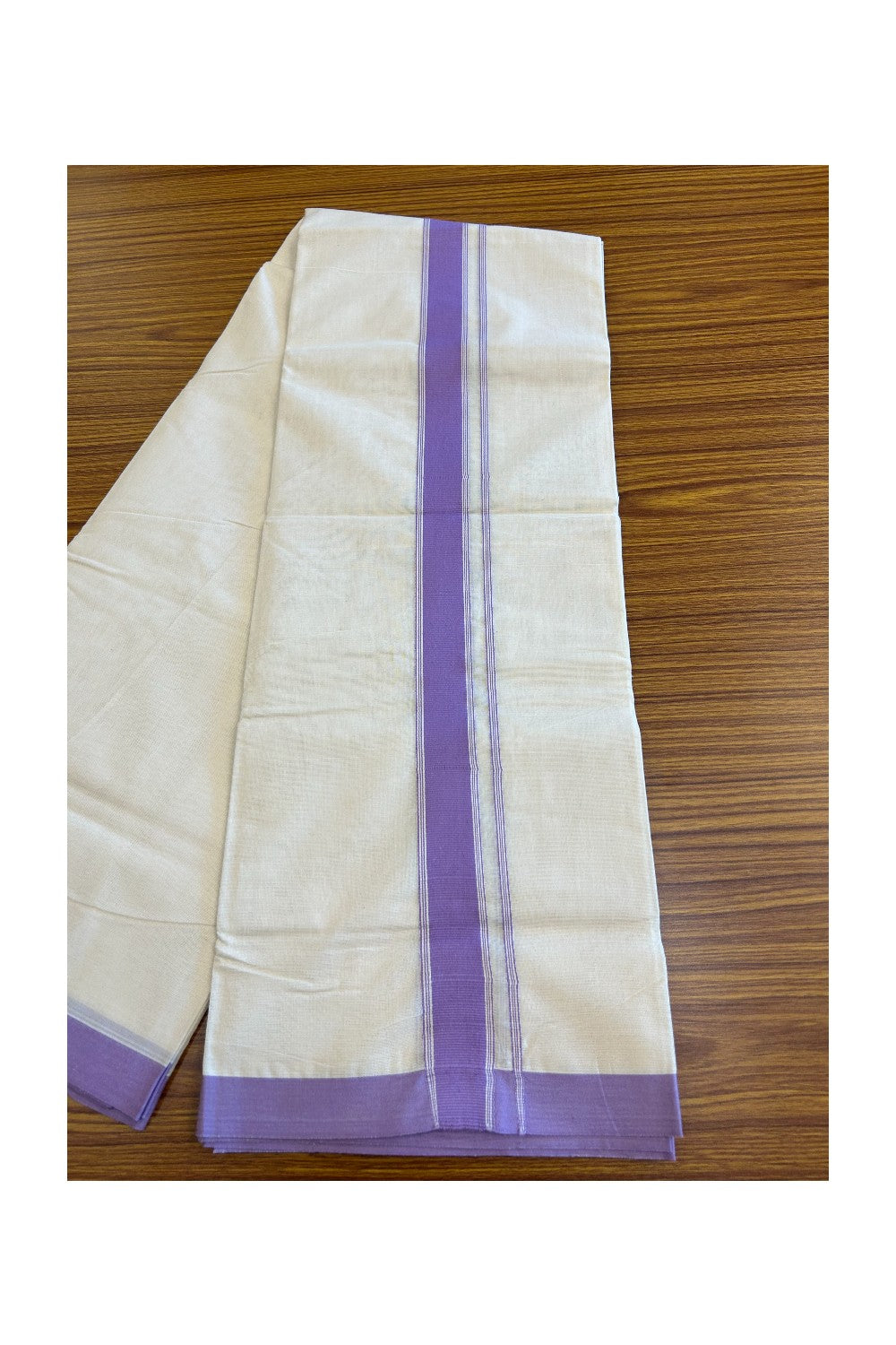 20% Discount !! KaithariKada Balaramapuram 100% Cotton Double Off white - (Unbleached) Mundu/Dhoti-100x80 - 1.75inch  Violet Kara - 2KK5045ASH