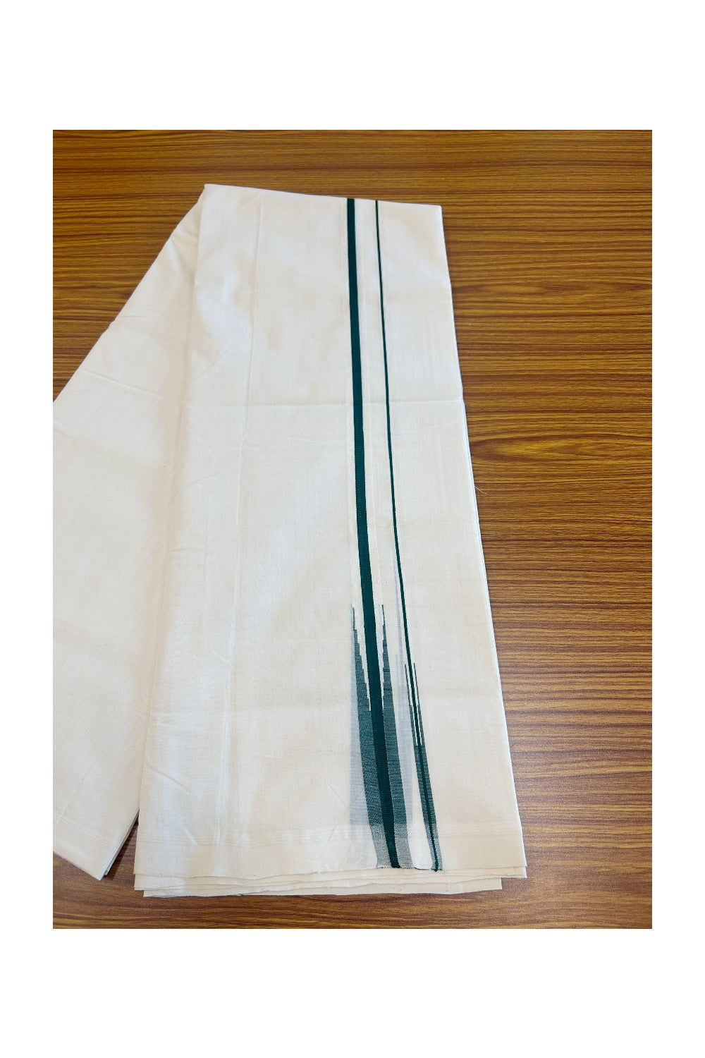 26% DISCOUNT!! KaithariKada HANDLOOM  UNAKKUPAAV Balaramapuram - 100% PURE Cotton OFF White Double - (Unbleached) Mundu/Dothi - 0.75 inch Puliyilakkara Green Double chutty - 2KK5049REA