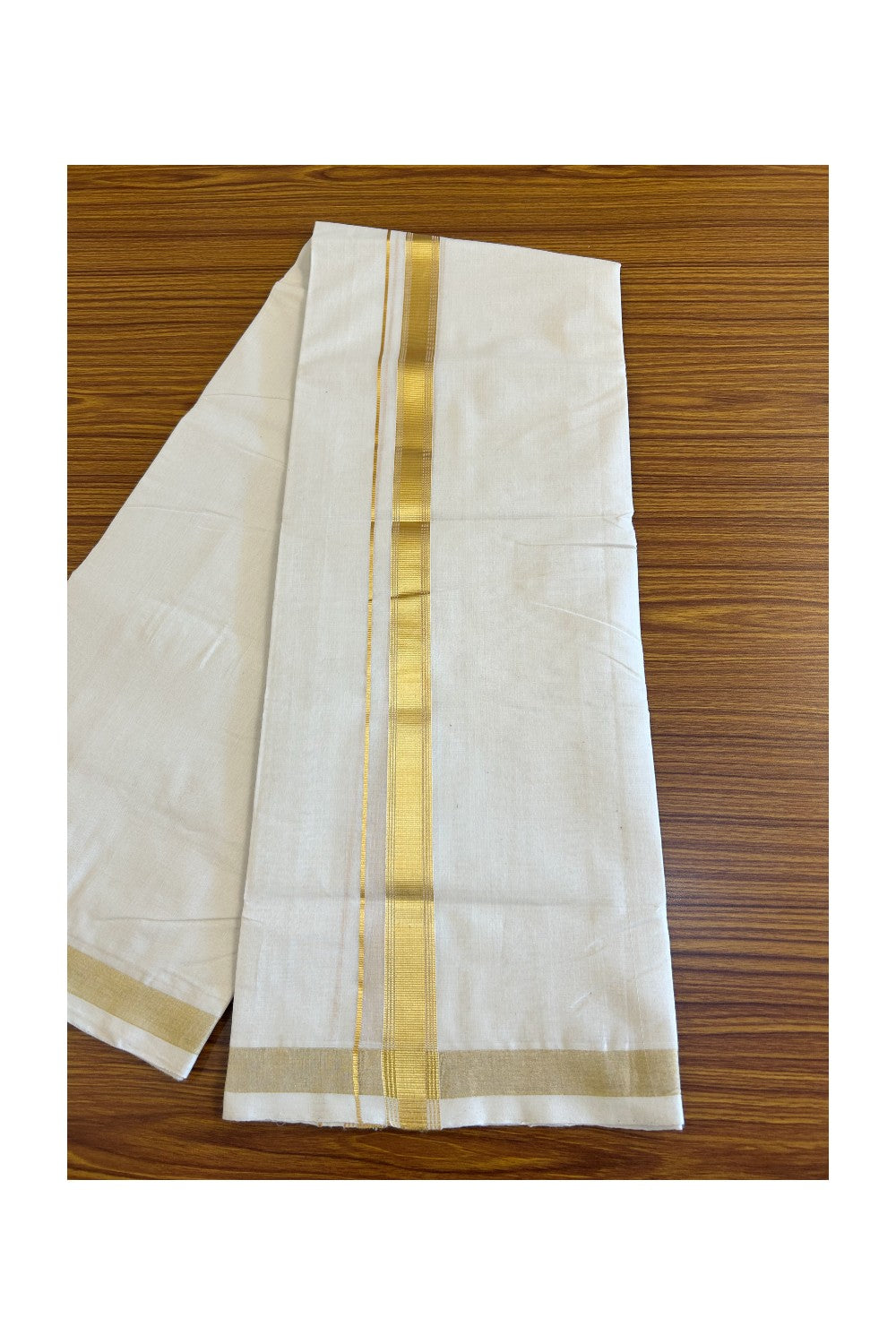 20% DISCOUNT!! KaithariKada HANDLOOM Millpaav Balaramapuram - 100% PURE Cotton OFF White Double Mundu/Dothi - 1.65 Inch Kasavu stripes Kara - 2KK504RAM