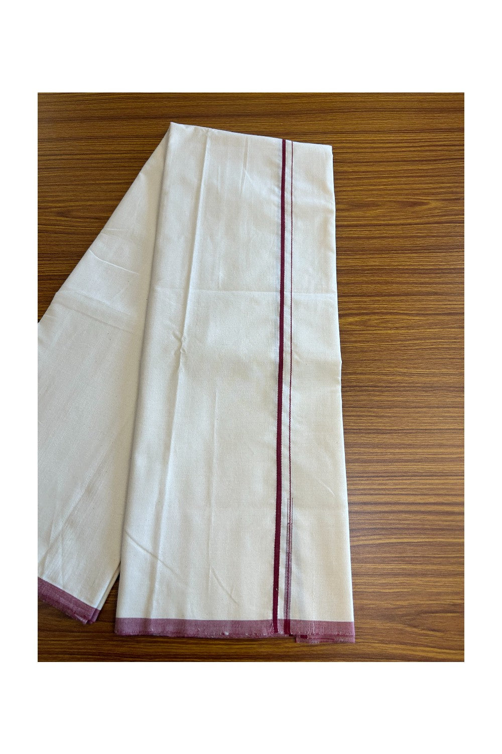 SIGNATURE KAITHARIKADA EXCLUSIVE SINGLE DHOTI - 100% Cotton Balaramapuram HANDLOOM Single Mundu/Dhoti - Off White - (Unbleached) - 0.5 cm Maroon Chutty Kara - 2KK5050KAI