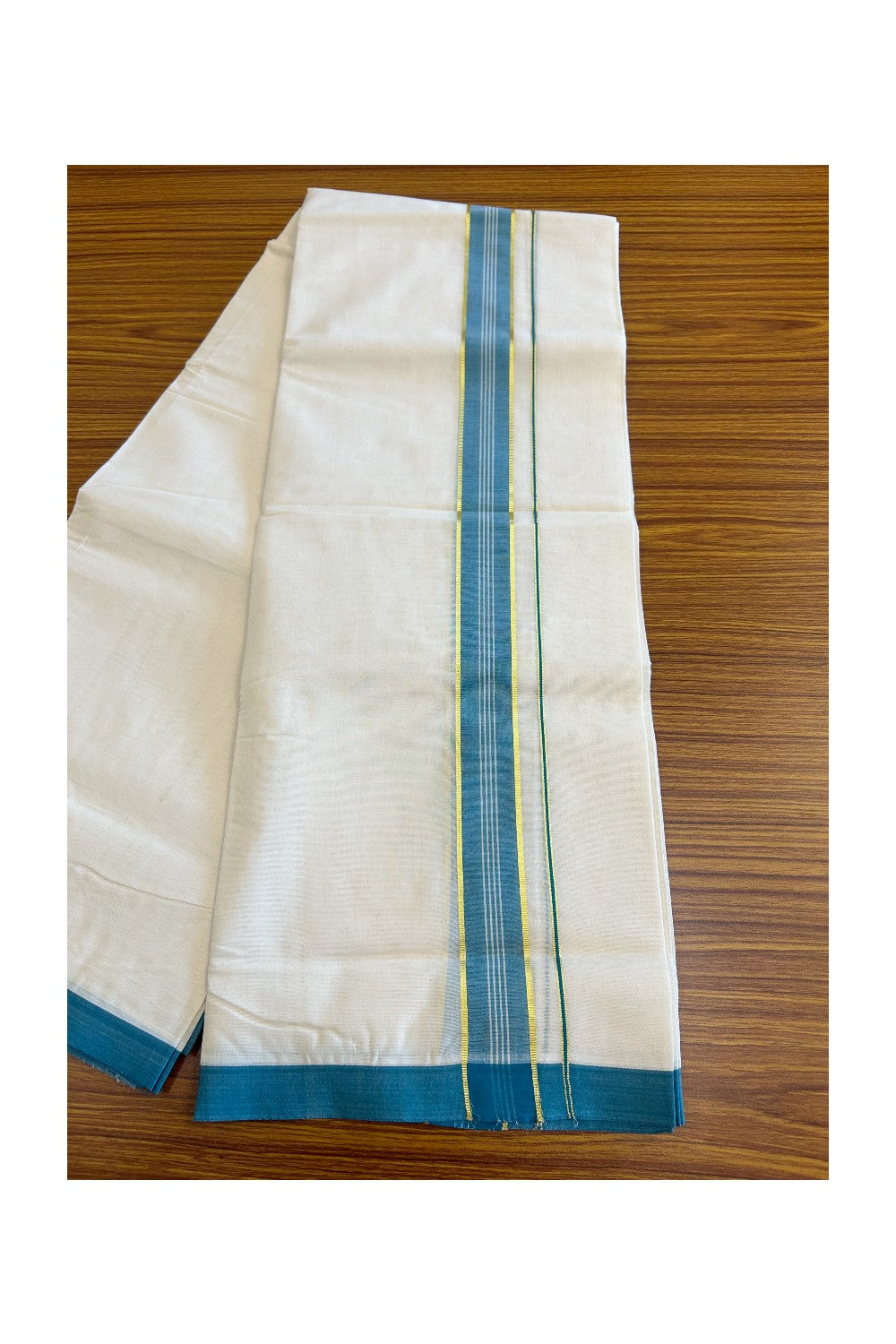 2% Discount KaithariKada Balaramapuram 100% Cotton Double Off white - (Unbleached) - Mundu/Dhoti - 100x100 - 2 inch Kasavu & Green Blue Kara - 121