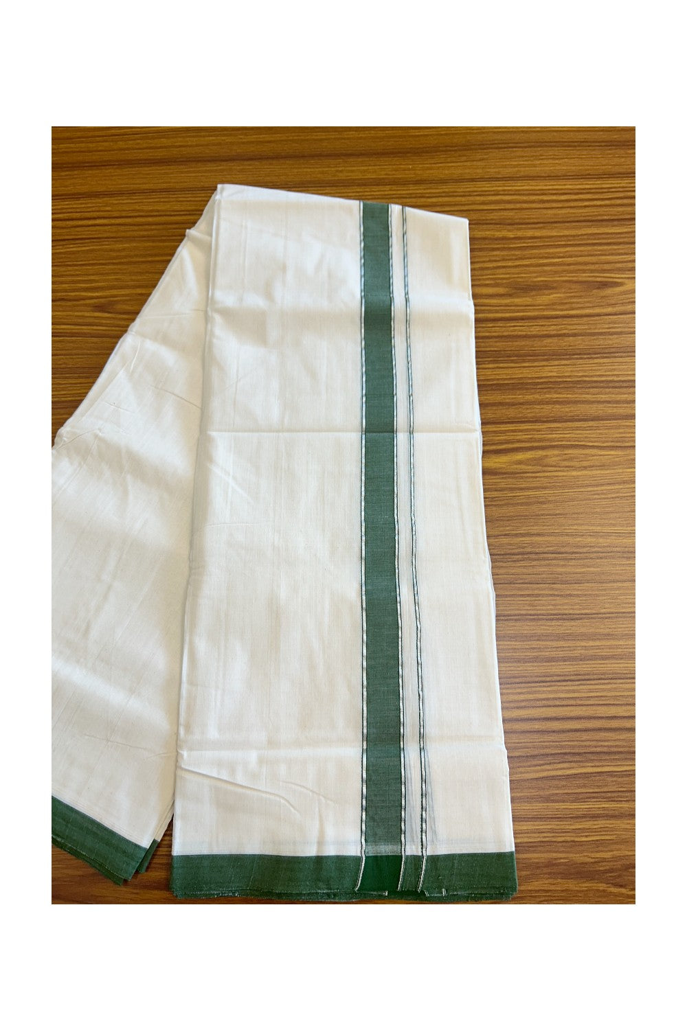 15% DISCOUNT! KaithariKada BALARAMAPURAM HANDLOOM UNAKKUPAAV - 100% PURE Cotton off white (Unbleached) Double Mundu/Dhoti -  1.75 inch Silver Kasavu & Green Stripes Kara-59