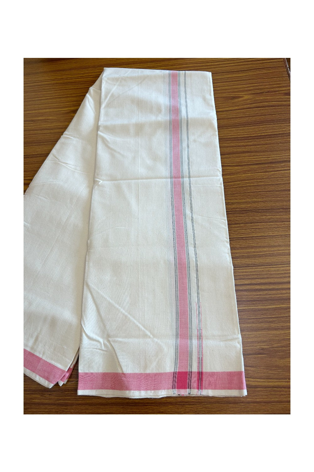 32% Discount ! KaithariKada 100% Cotton Balaramapuram HANDLOOM Single Mundu/Dhoti - Off White - (Unbleached) - 1 inch Puliyilakkara  Pink Chutty & Black Stripes Kara - 2KK5065KK