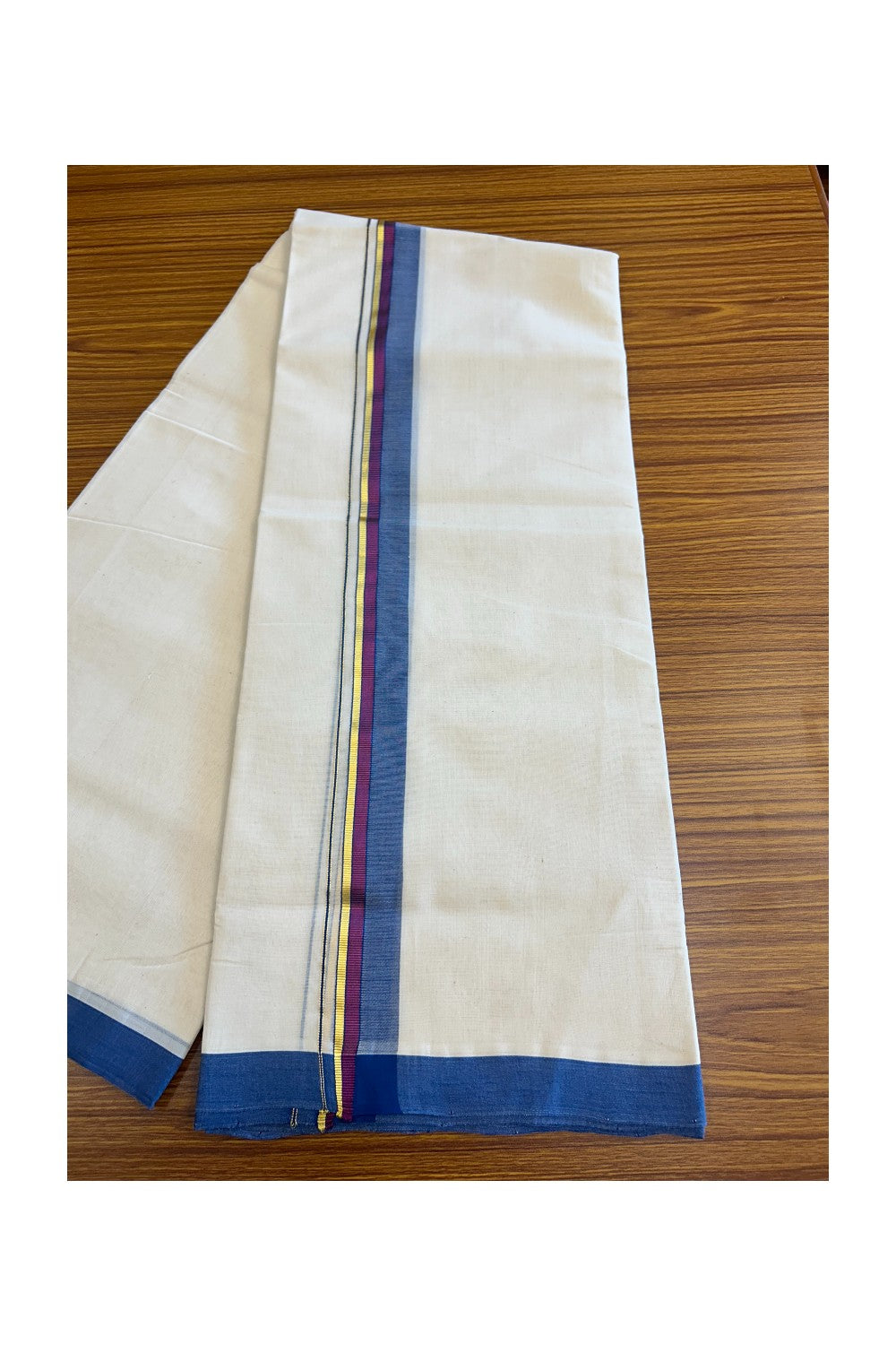 19% DISCOUNT!! KaithariKada HANDLOOM Millpaav Balaramapuram - 100% PURE Cotton OFF White Double - (Unbleached) Mundu/Dothi - 1.75 Inch Blue & Purple Gold Kasav Kara - 2KK5056RAM