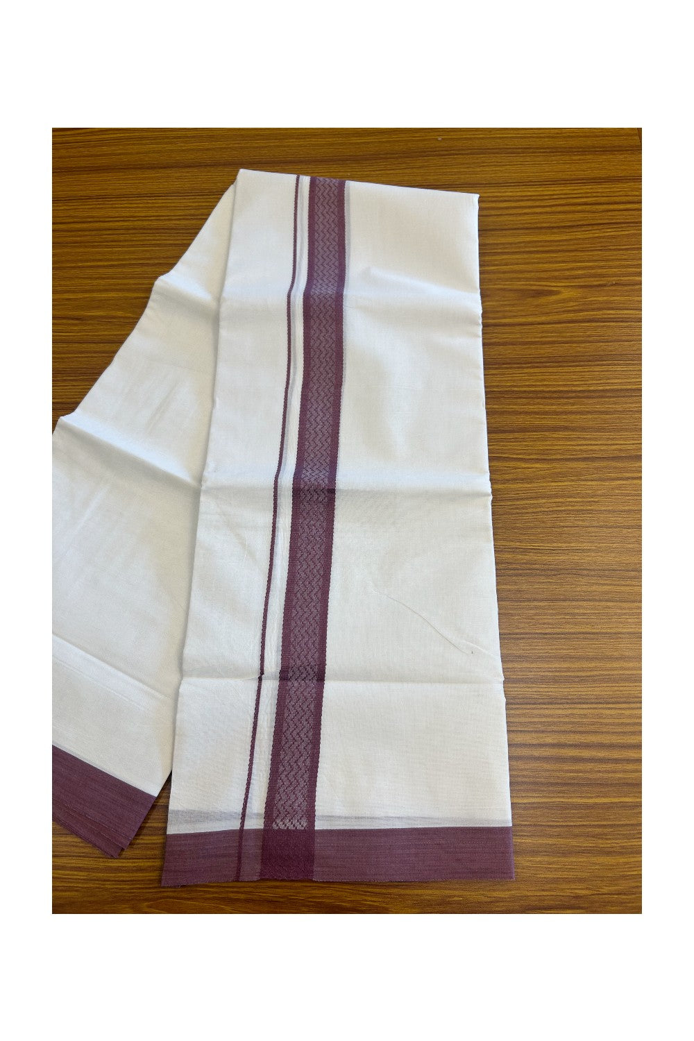 19% Discount!!! KaithariKada Balaramapuram PURE WHITE Double  Mundu/Dhoti - 80X90 - 2 inch  Wine Purple pattern kara 3.85 meters - 2KK5058GUN