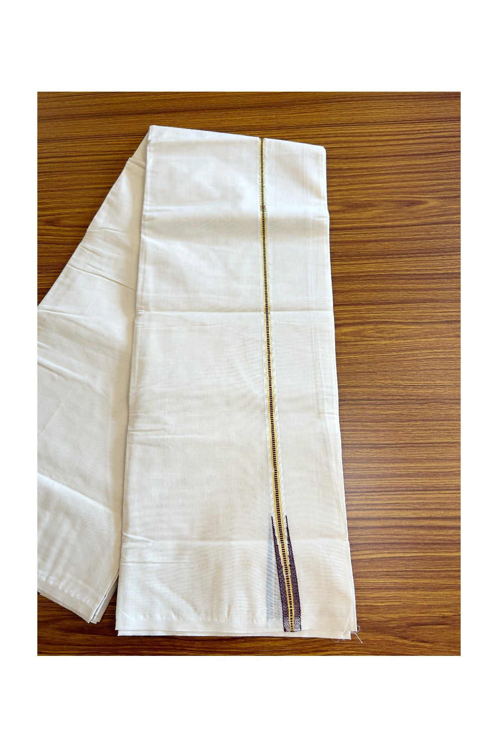 26% DISCOUNT! KaithariKada Balaramapuram 100% Cotton Double Off white - (Unbleached) - Mundu/Dhoti-100x100 - 1.5 cm Chutty Puliyilakkara Muthukuri Kasavu & Maroon Kara - 2KK5063KK