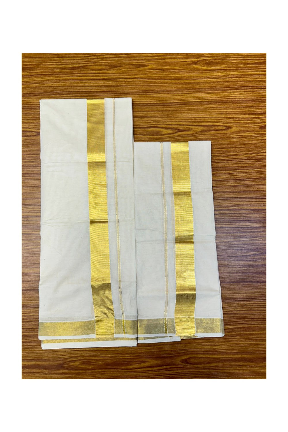 30% Discount !! KaithariKada Balaramapuram 100% Cotton Double Off White - (Unbleached) Mundu/Dhoti & Neriyath (80X72) -  2.75 inch Gold Kasavu kara - 2KK5064KK