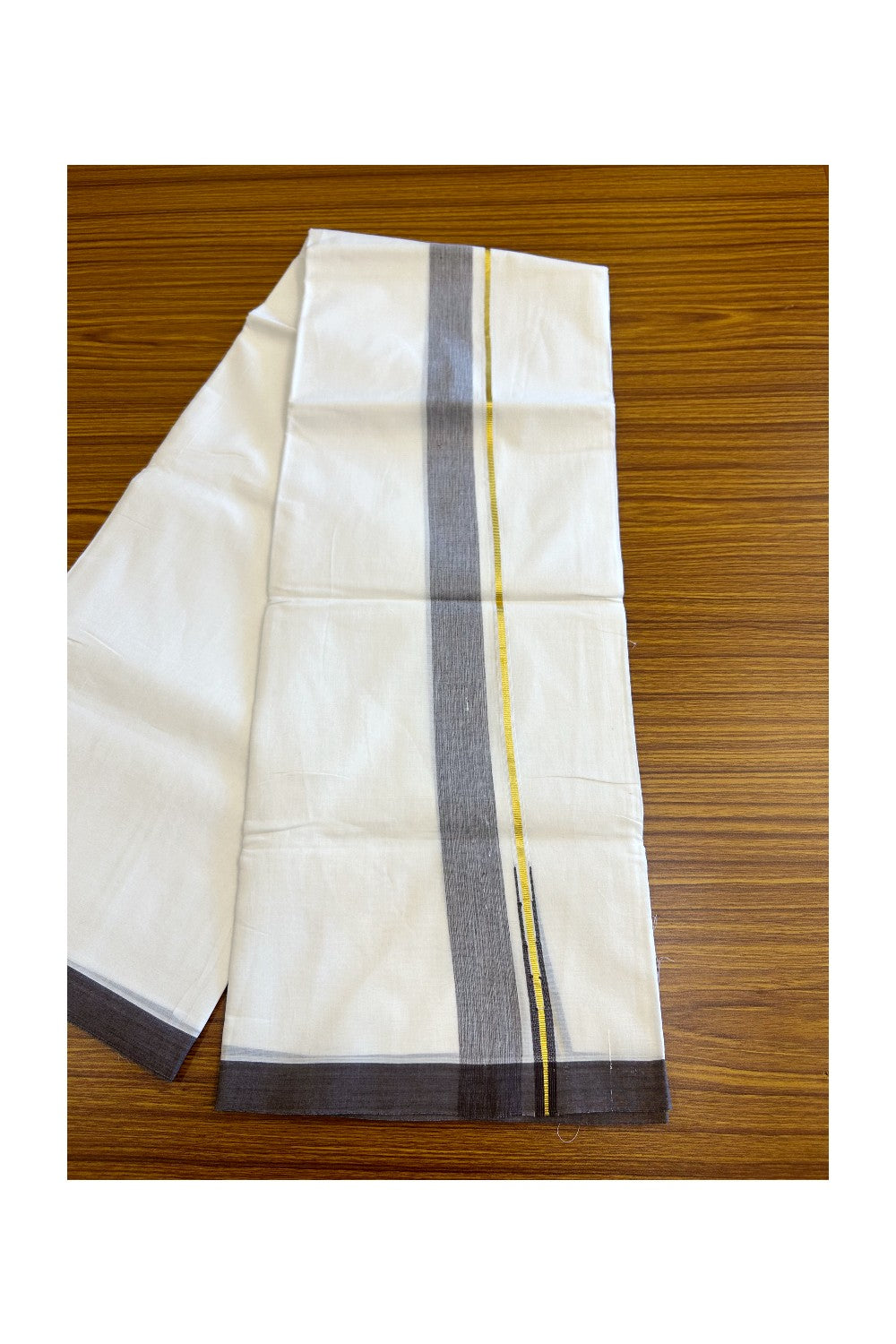 17% DISCOUNT!! KaithariKada Balaramapuram 100% Cotton PURE WHITE Double Mundu/Dhoti-100x100  1.25inch Puliyilakkara  BROWN AND KASAVU Chutty Pattern KARA - 2KK5067KK