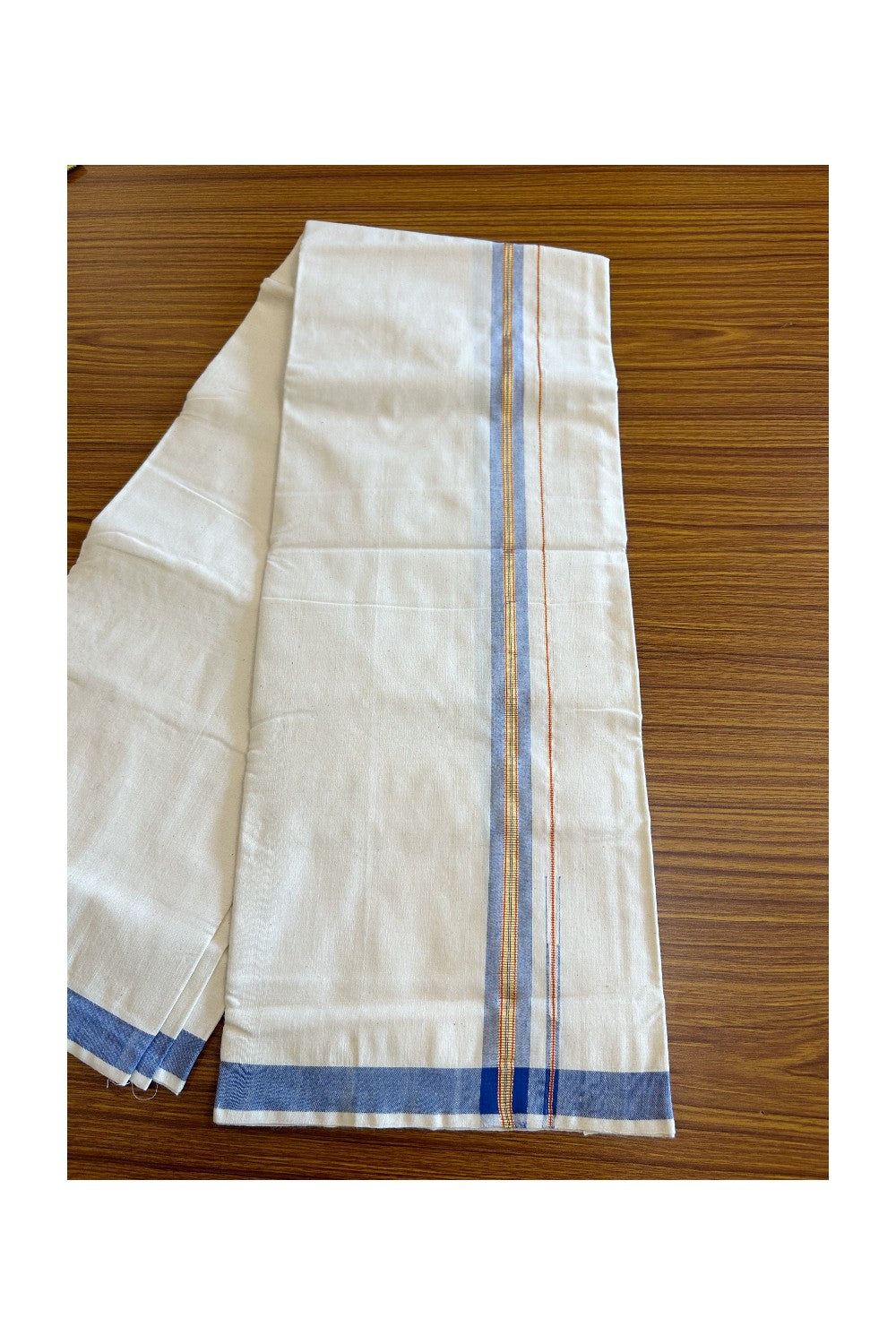 32% Discount ! KaithariKada 100% Cotton Balaramapuram HANDLOOM Single Mundu/Dhoti - Off White (Unbleached) 1.Inch Blue & Red Stripes Kasavu Puliyilakkara Chutty- KAIR03.