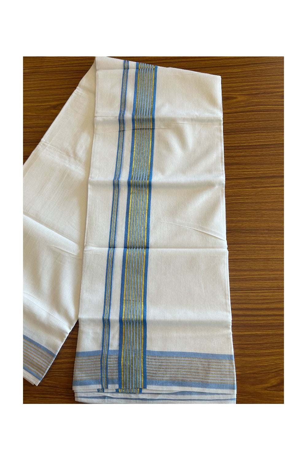 KaithariKada 100% Cotton PURE HANDLOOM White Double Dhoti/Mundu - 2.75 inch Blue&Kasavu Stripes