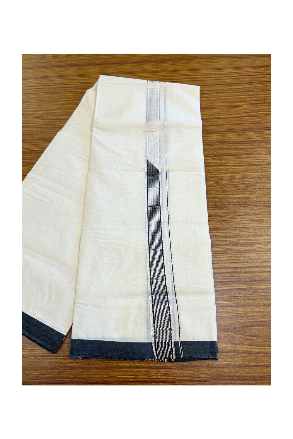 19% Discount !! KaithariKada Balaramapuram 100% Cotton Double Off White - (Unbleached) Mundu/Dhoti-100x100 1.5 inch Heavy Chutty Silver Kasavu & Black Striped kara - 8KK5055ASH