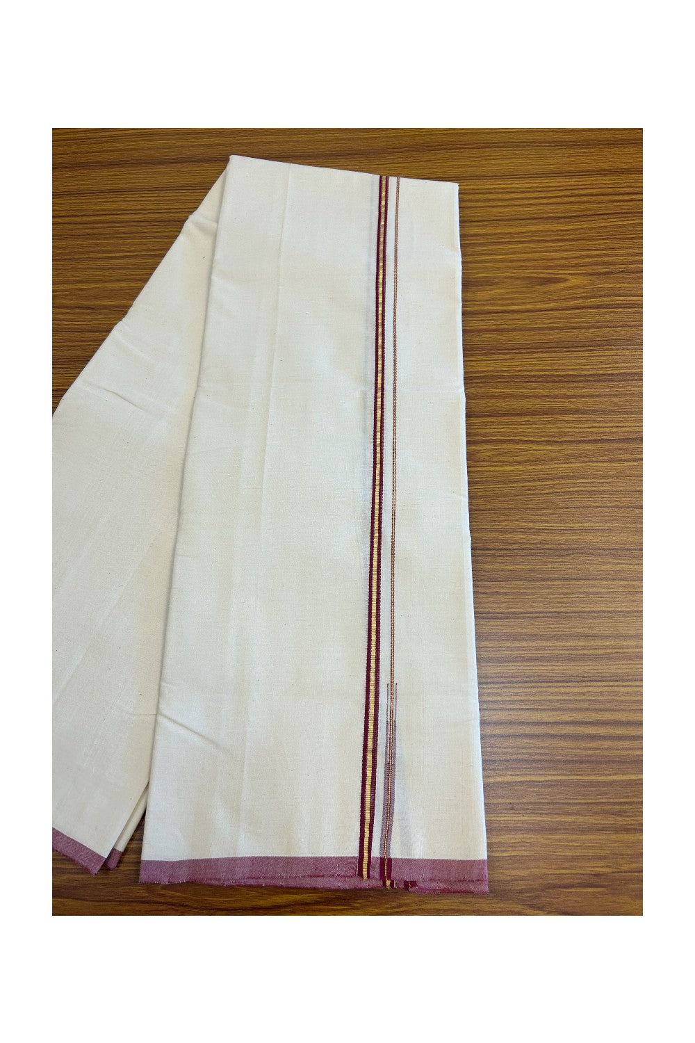 SIGNATURE KAITHARIKADA EXCLUSIVE SINGLE DHOTI - 100% Cotton Balaramapuram HANDLOOM Single Mundu/Dhoti - Off White - (Unbleached) 1 cm Maroon & KASAVU Chutty Kara- 2KK5075KAI