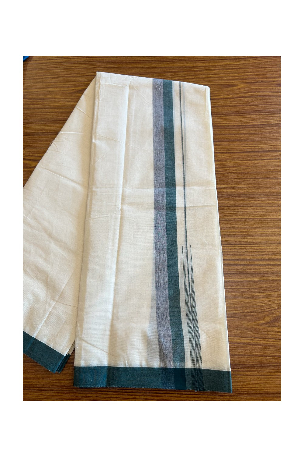 5% Discount!!! KaithariKada Balaramapuram  Double Off white - (Unbleached) Mundu/Dhoti - 80X90 - 1.75 inch Green & Violet Shaded puliyilakkara striped chutty - 2KK5077KAI